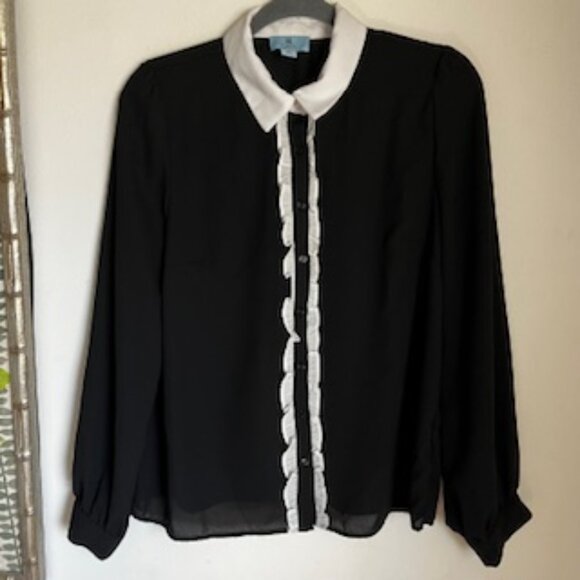 🧡3/15 Cece Long Sleeve Collar Ruffle Button Front Blouse Women's M - Picture 4 of 15